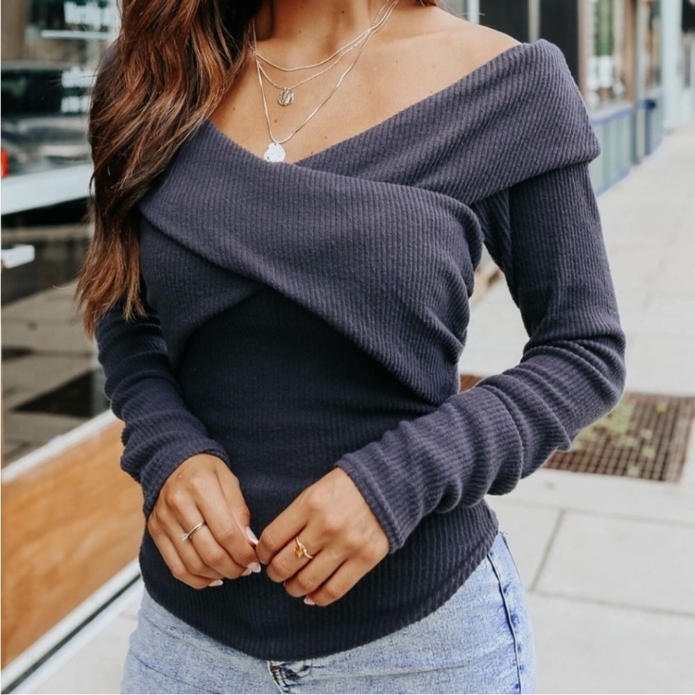 Free People Marley Off The Shoulder Cross Over thermal Top Gray medium
